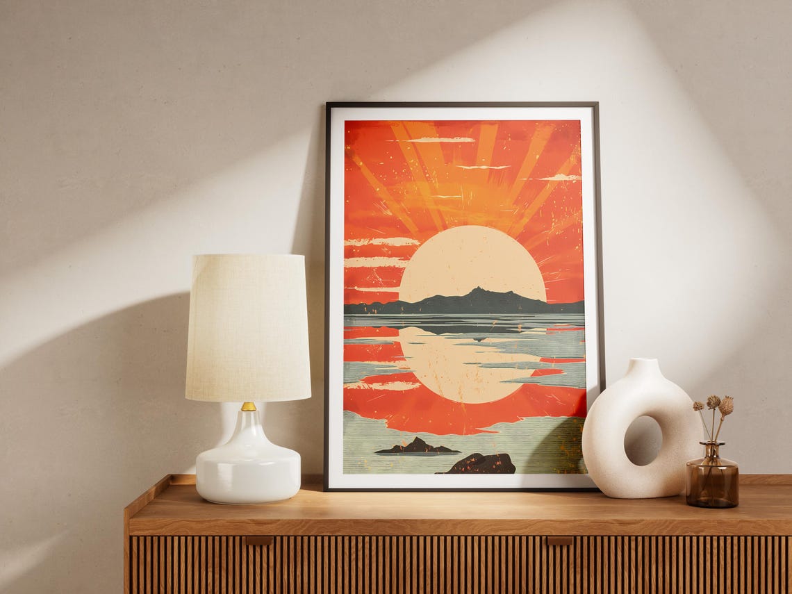 Mid Century Ocean Sunset Over Water Vintage Style Art Poster - Image 2