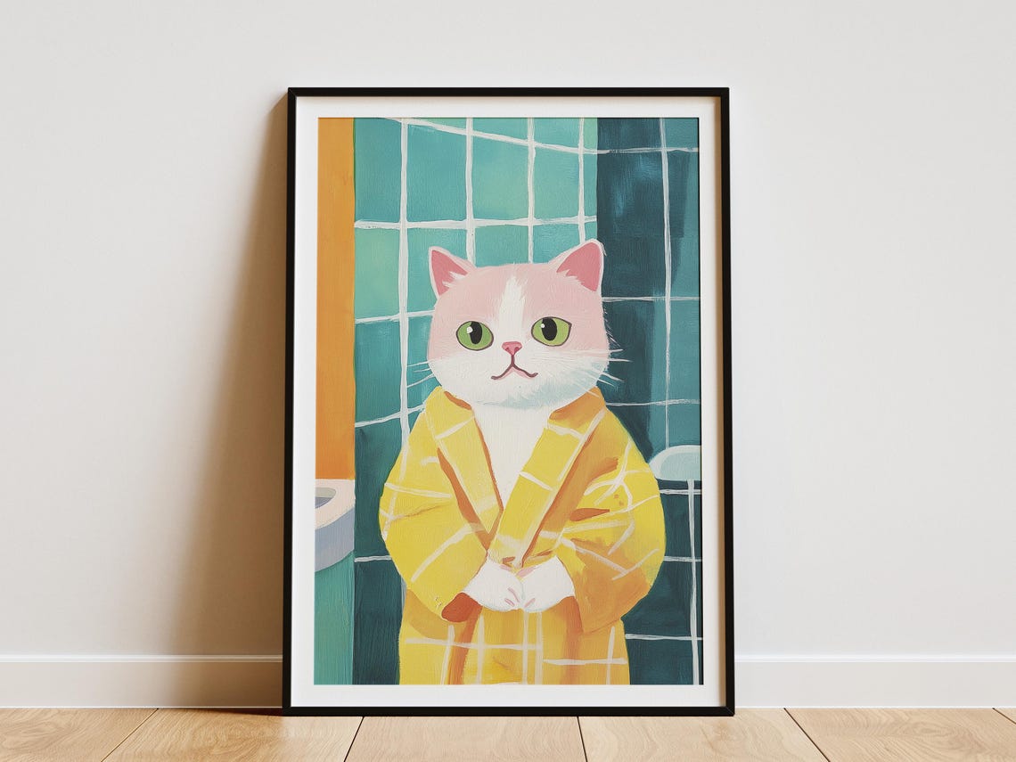 Cute Kitten in Yellow Bathrobe Funny Bathroom Cat Art Humor Poster