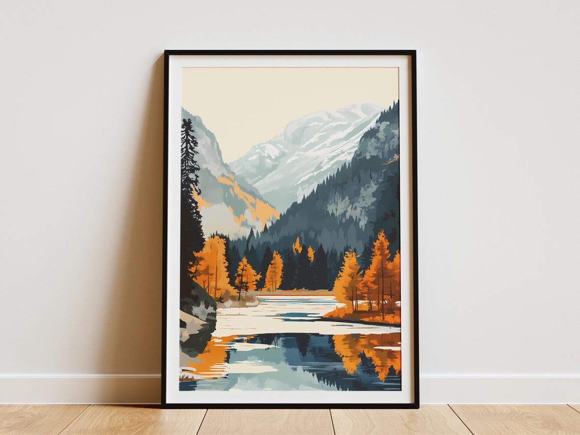 Alpine Mountain Lake Autumn Scene with Golden Larches Art Poster