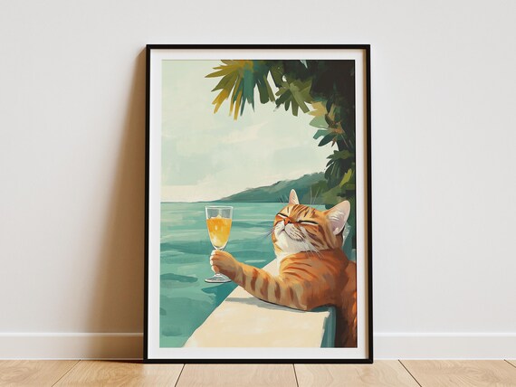 Content Orange Tabby Cat Enjoying A Cocktail By The Sea Poster