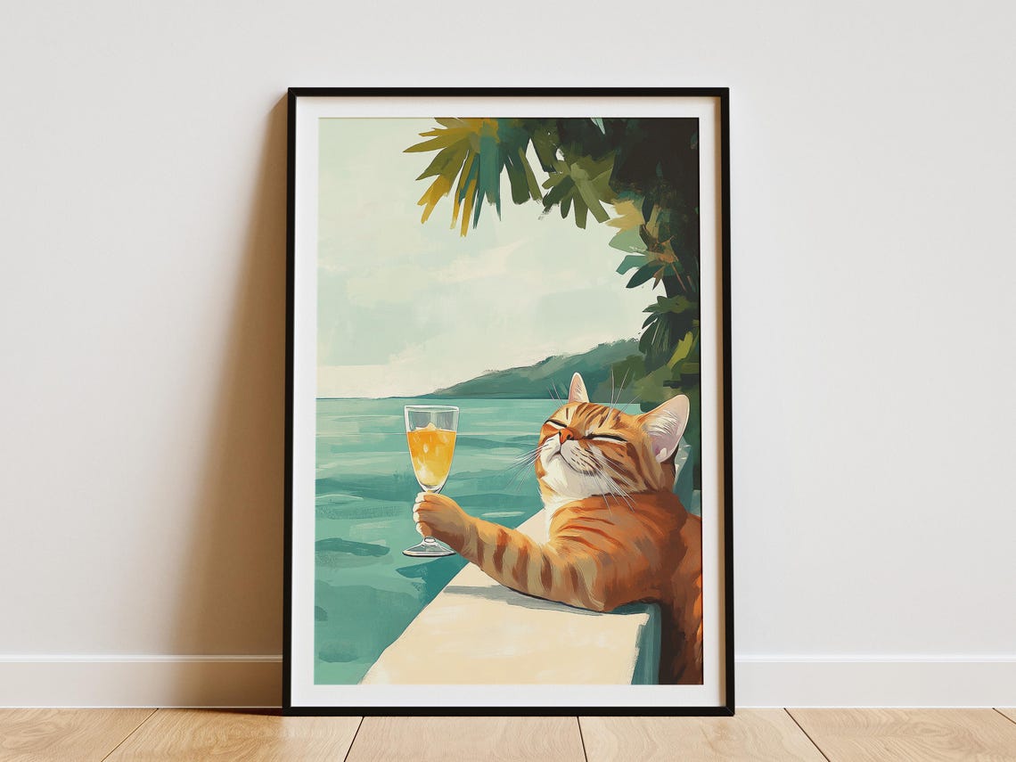 Content Orange Tabby Cat Enjoying A Cocktail By The Sea Poster