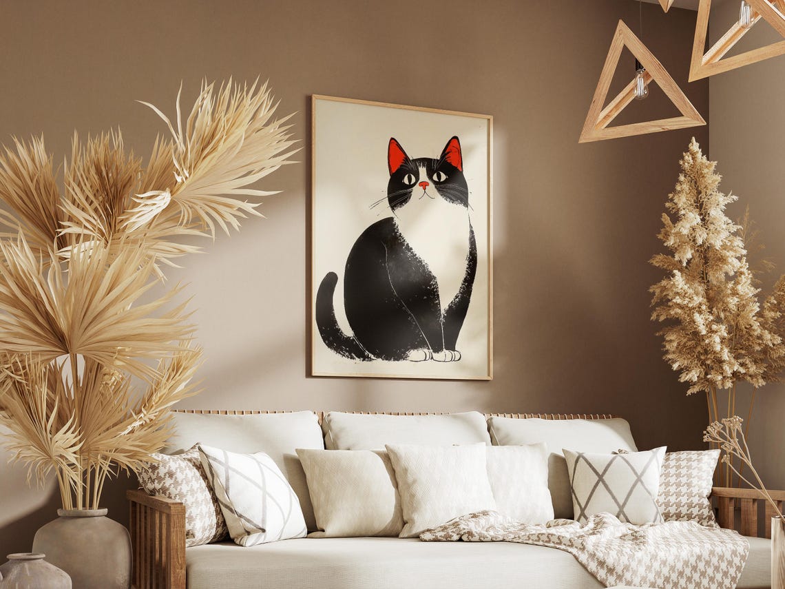 Black and White Cat with Red Ears Japanese Woodcut Style Art Poster - Image 3