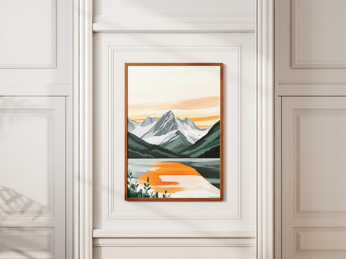 Alpine Lake With Orange Sunset Reflection Snowy Peaks Poster - Image 2