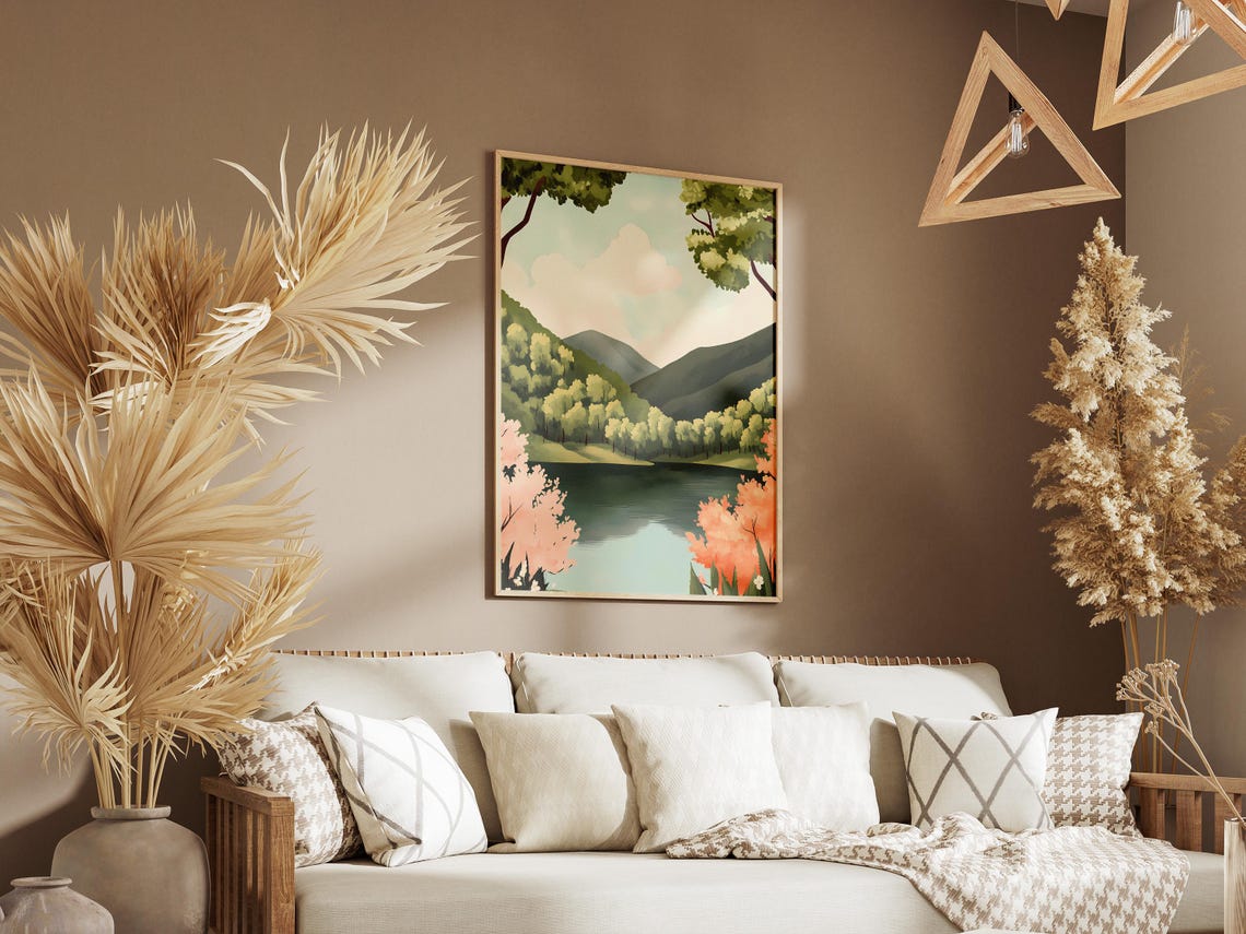 Spring Lake Between Green Hills Framed By Blossom Trees Poster - Image 3