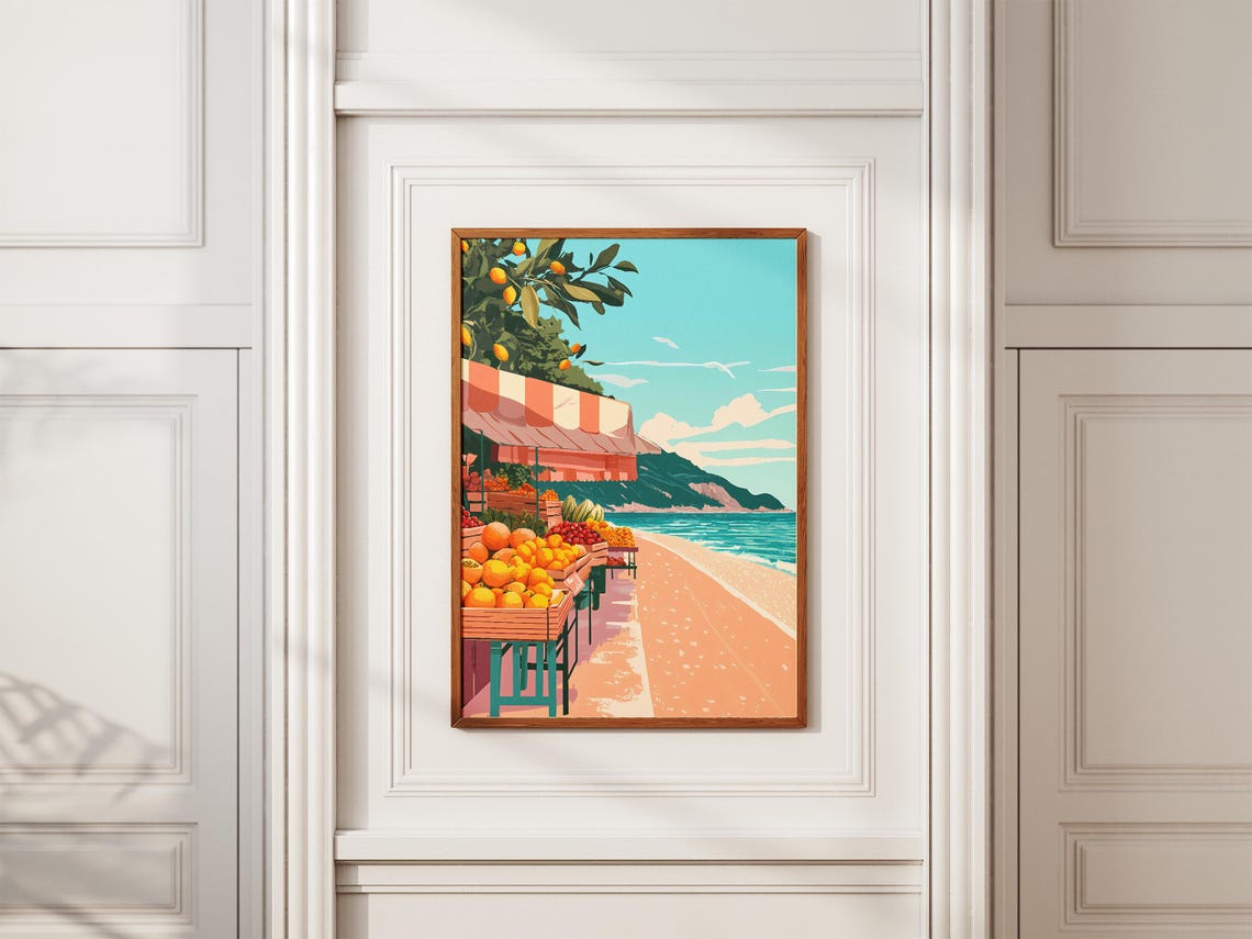 Seaside Fruit Market Oranges Beach Town Summer Illustration Poster - Image 2