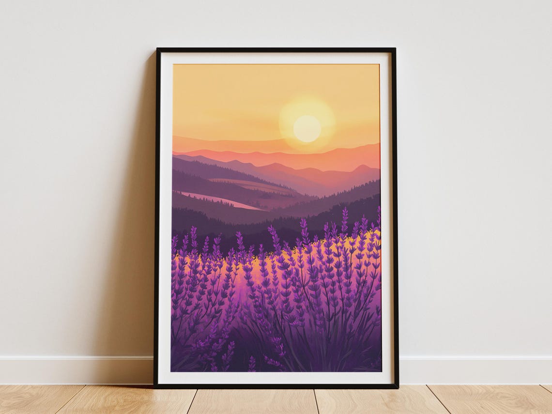 Lavender Field Sunset Purple Blooms Mountain Layers Scenic Poster