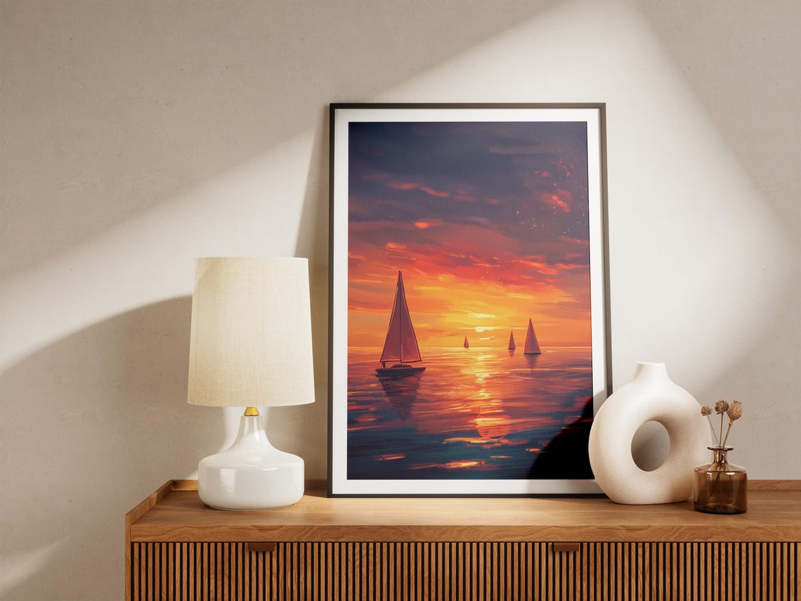 Sailboats Drifting at a Fiery Orange Sunset on Calm Water Poster - Image 5