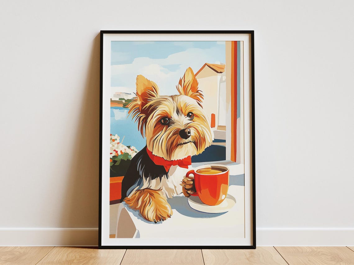 Yorkshire Terrier Dog With Red Bow Tie Coffee Cup Art Poster