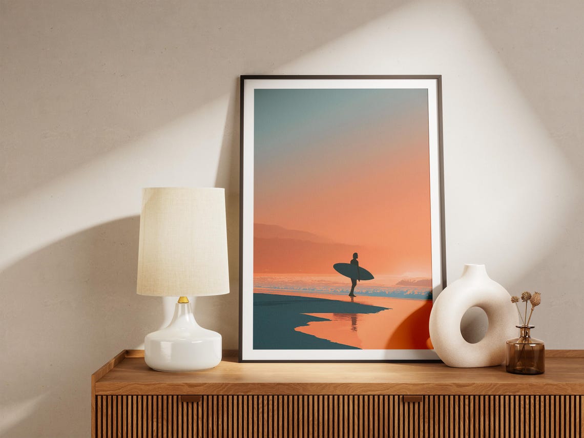 Surfer Silhouette Walking At Sunset On A Peaceful Beach Poster - Image 4