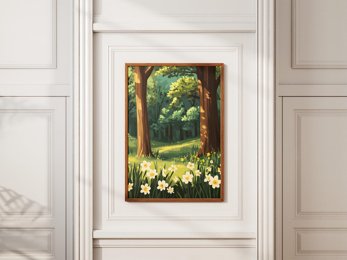 Sunlit Forest Glade With White Daffodils Poster Spring Trees - Image 2