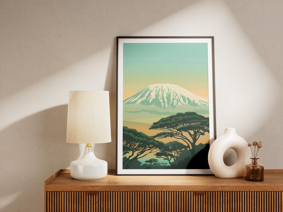 Snow Capped Volcano Acacia Trees Savannah Pastel Landscape Poster - Image 2