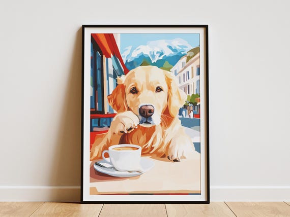 Golden Retriever Dog Art Print Cafe Coffee Poster Cute Animal Wall Lover Gift Cozy Home Decor Pet Portrait
