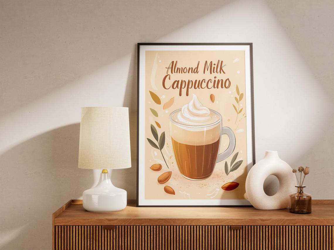 Almond Milk Cappuccino Glass Mug With Almonds Cafe Art Poster - Image 5