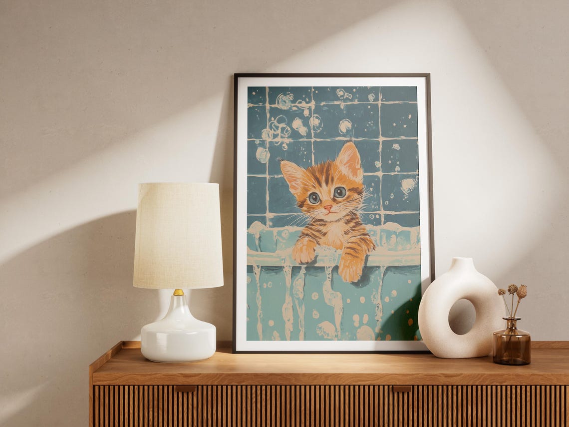 Orange Striped Kitten In Bubble Bath Poster Cute Cat Art For Bathroom - Image 4