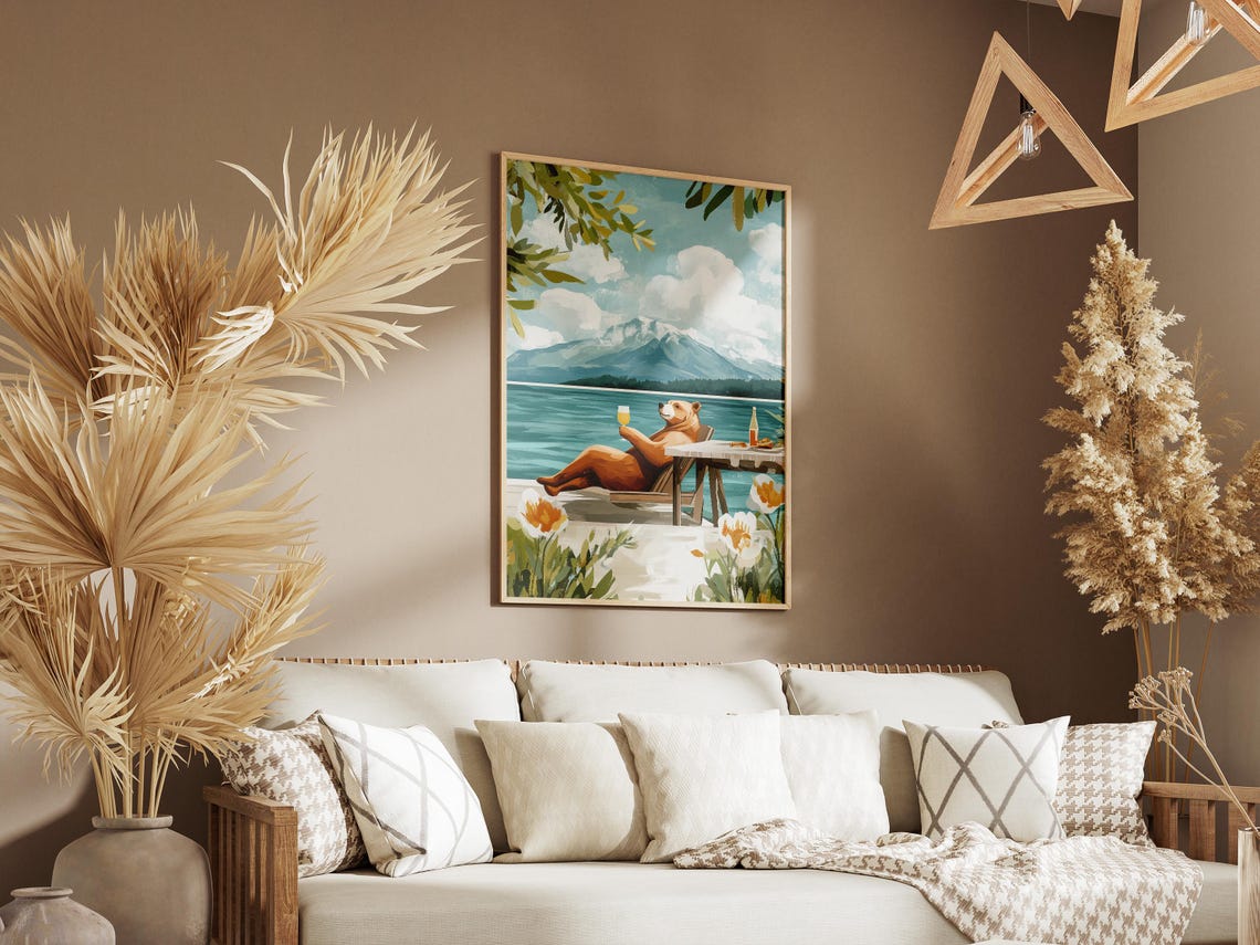 Brown Bear Sipping Wine On A Lake Terrace With Mountain View Poster - Image 3