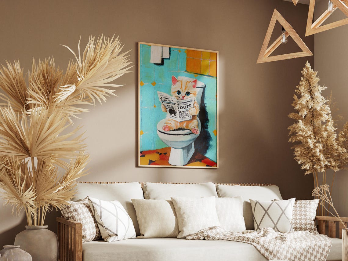 Kitten Reading Newspaper On Toilet Poster Funny Cat Bathroom Humor Art - Image 3