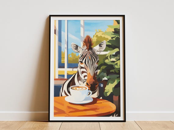 Zebra Coffee Poster Cafe Art Print Whimsical Animal Wall Decor Quirky Home Modern Lover Gift