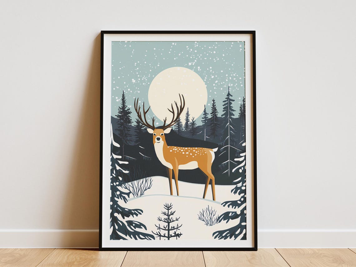 Lapland Winter Forest Deer under a Large Pale Moonlight Art Poster
