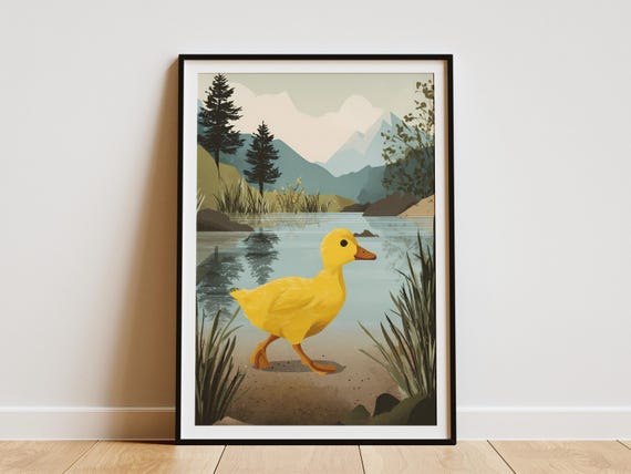 Adorable Yellow Duckling Waddle Beside Serene Muddy Pond Landscape Art Print For Nursery Decor Wildlife Animal Lover Gift Nature Inspired