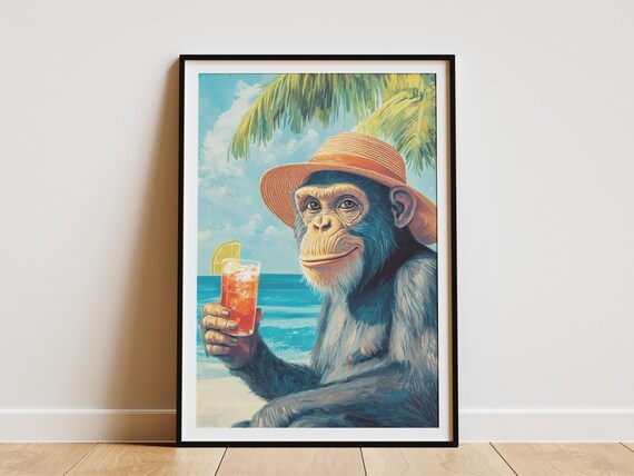 Chimpanzee In Straw Hat Holding Cocktail On Sunny Beach Poster
