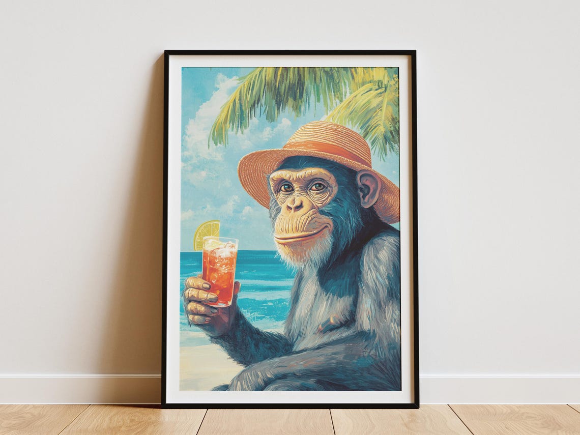 Chimpanzee In Straw Hat Holding Cocktail On Sunny Beach Poster