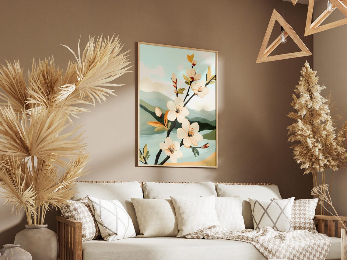 Spring Plum Blossom Branch With White Flowers And Green Hills Poster - Image 3