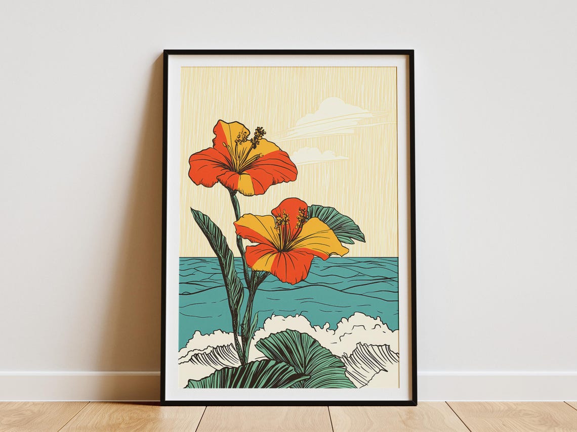 Vivid Orange Hibiscus Flowers Blooming Over Teal Ocean Waves Poster