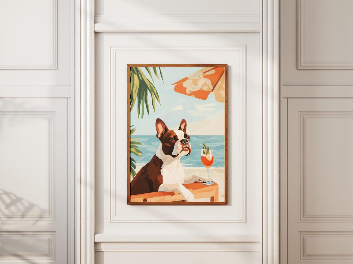 Boston Terrier with Cocktail Beach Umbrella Funny Dog Art Poster - Image 2
