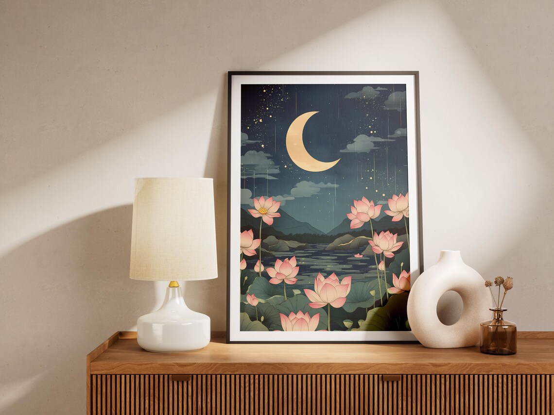 Crescent Moon Over Lotus Flower Lake Pink Night Sky Asian Art Style Poster - Image 4