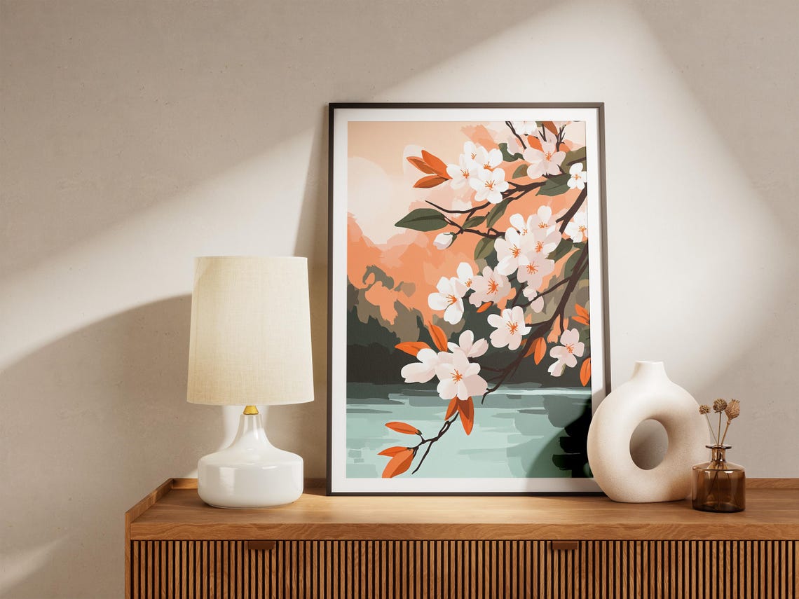 White Cherry Blossoms Hanging Over Calm Water at Dusk Floral Poster - Image 5