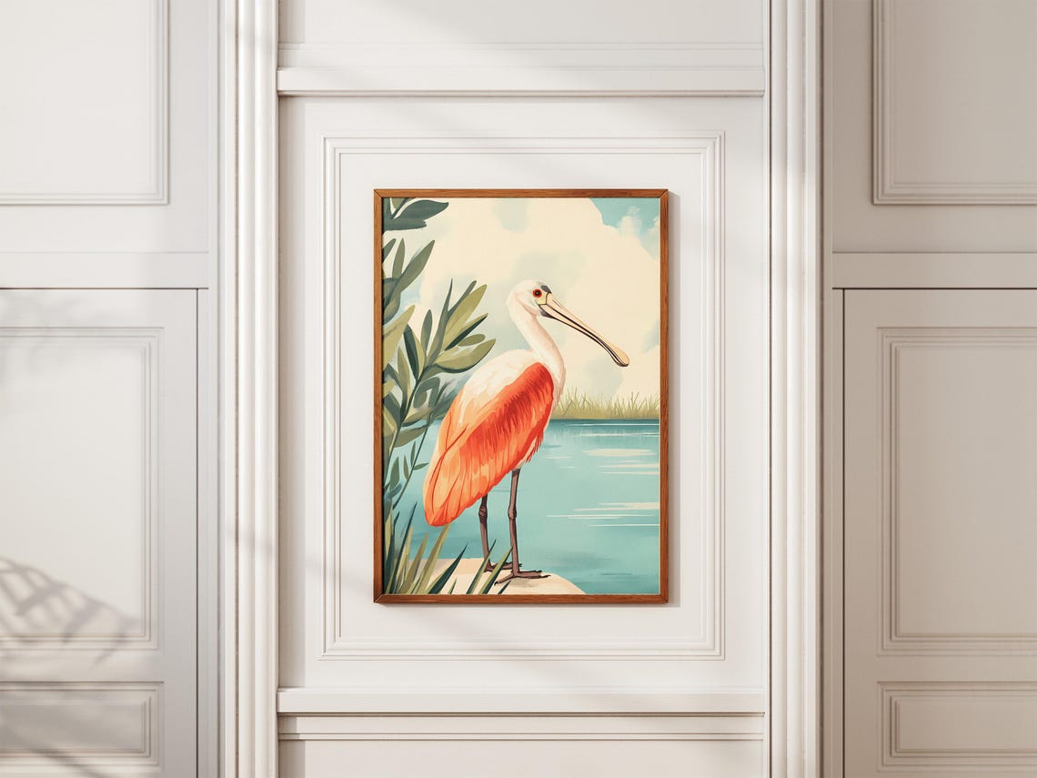 Roseate Spoonbill in a Coastal Marsh Bird Illustration Poster - Image 2