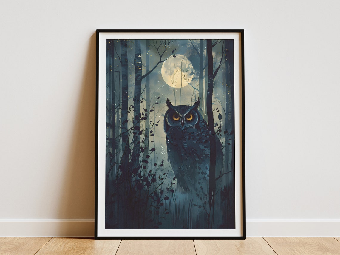 Great Horned Owl Moonlit Dark Night Forest Wildlife Nature Poster