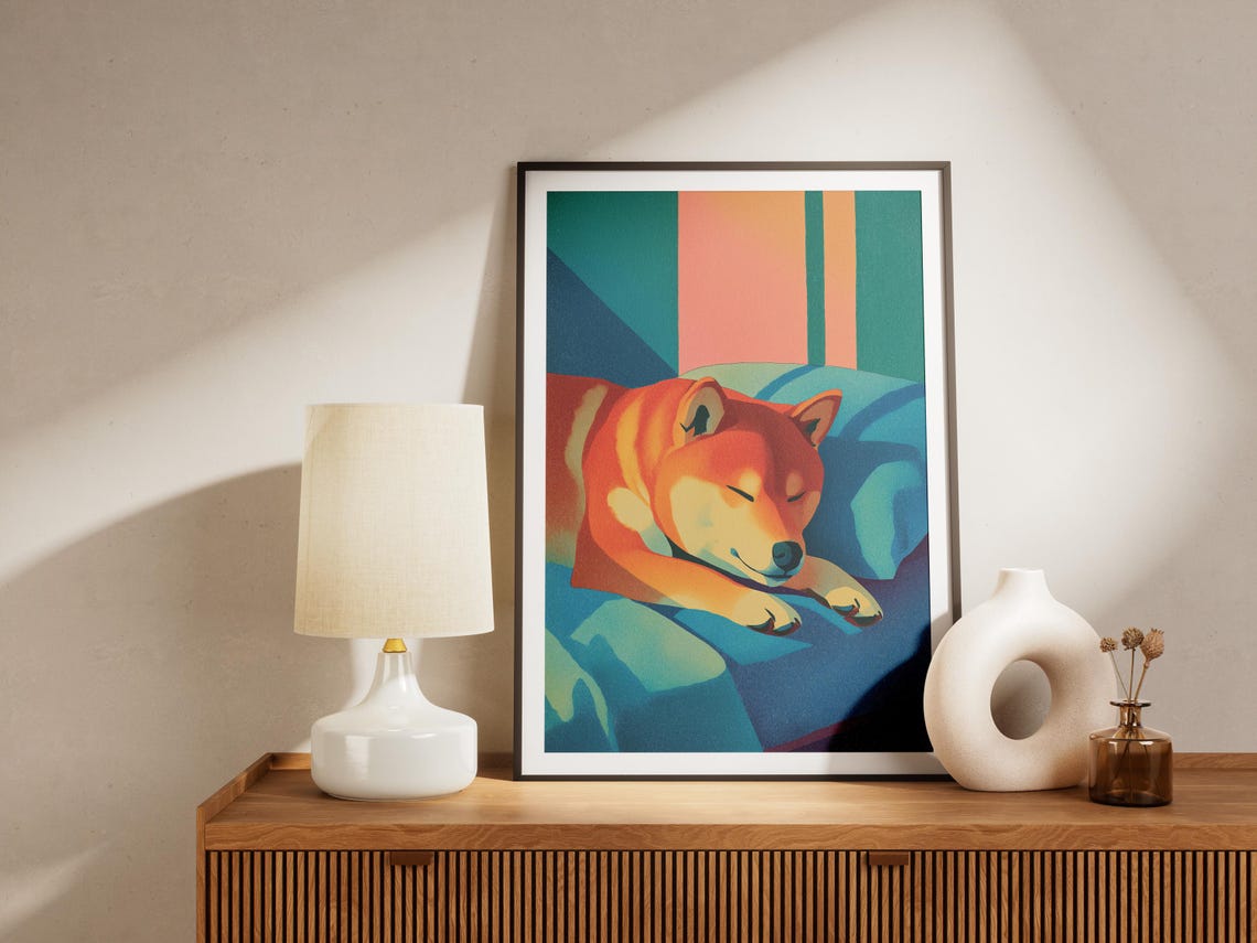 Cozy Shiba Inu Dog Sleeping on Blue Bed Warm Sunlight Poster - Image 4