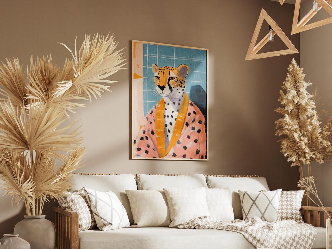 Cheetah in Coral Bathrobe Blue Tile Bathroom Whimsical Animal Poster - Image 3