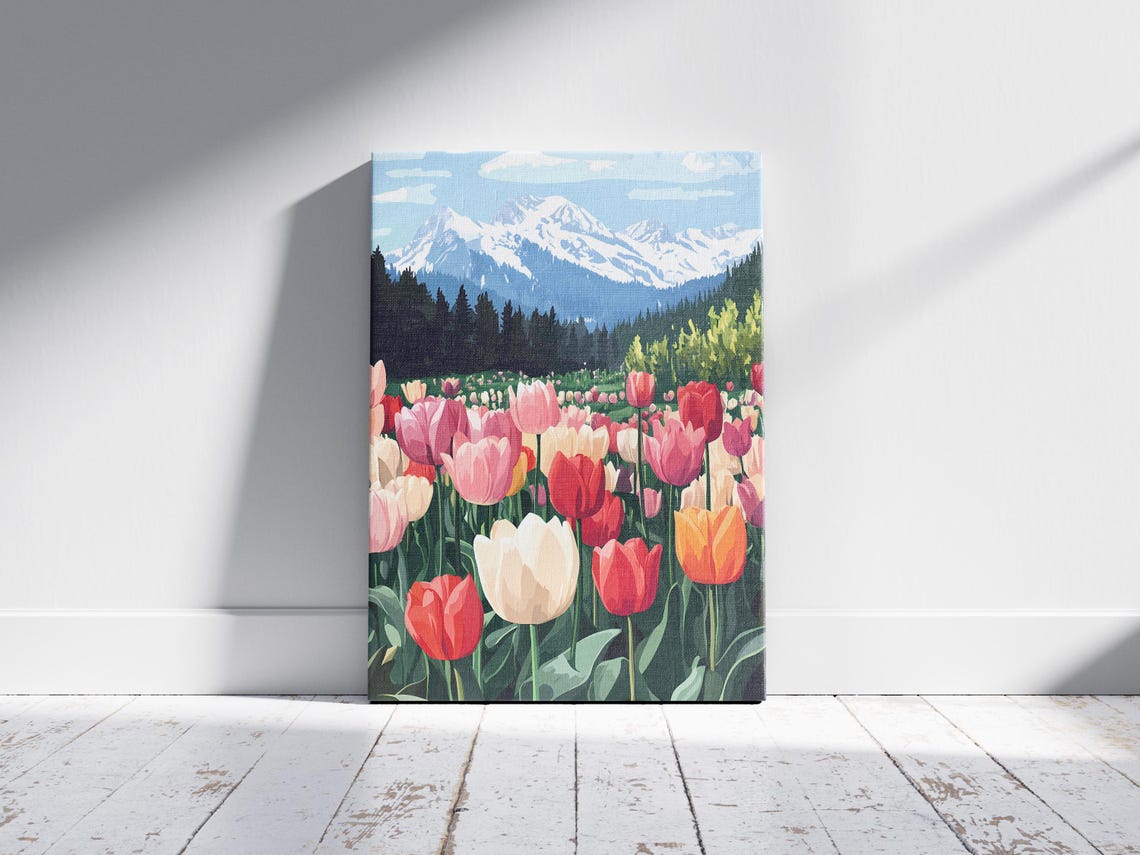 Multicolor Tulip Meadow Snow Capped Peaks Spring Landscape Poster - Image 2