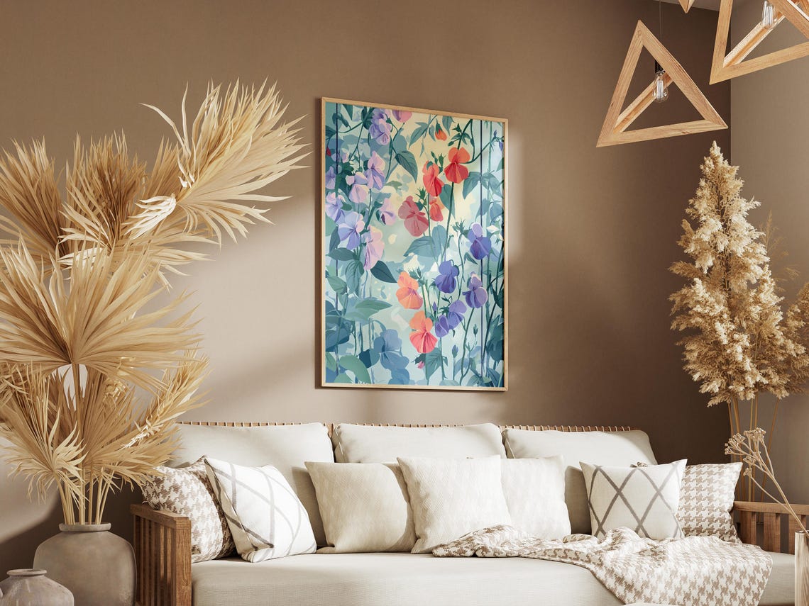 Pastel Sweet Pea Flowers Climbing a Garden Trellis Art Poster - Image 3