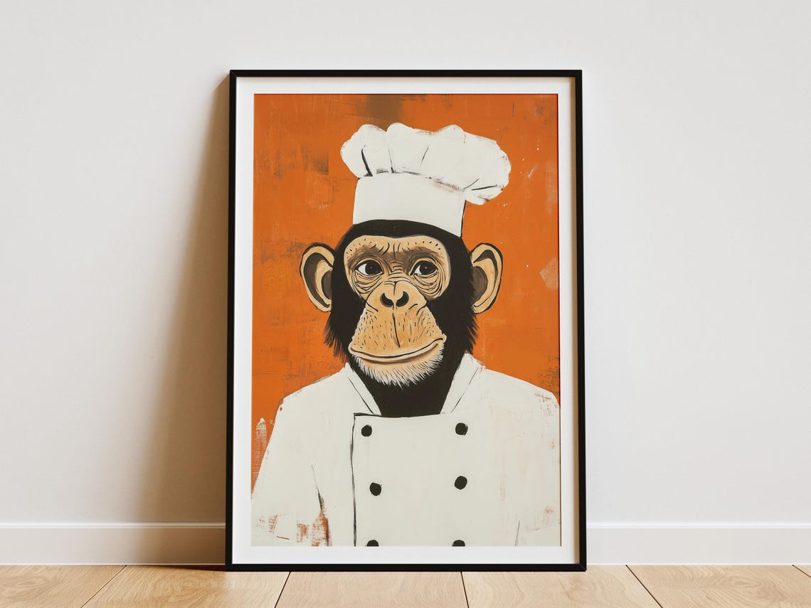Chimpanzee Chef Portrait Burnt Orange Funny Kitchen Decor Poster