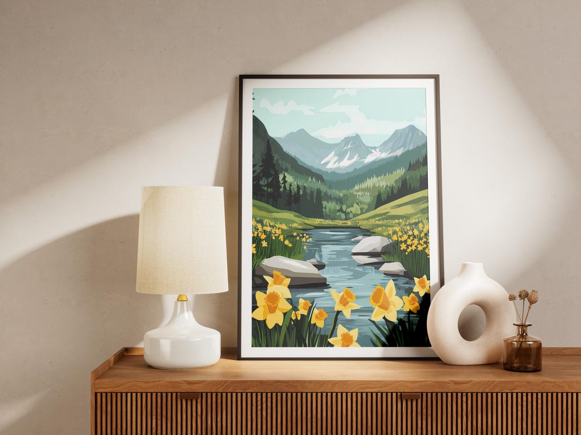 Bright Yellow Daffodils By A Mountain Stream Spring Flowers Poster - Image 4