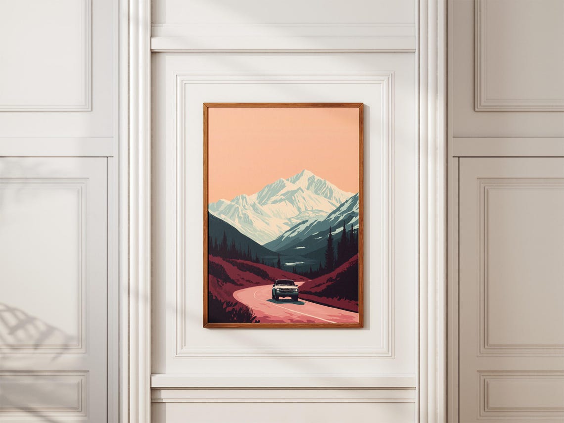 Alaska Mountain Road Trip Vintage Car Pink Sunset Art Poster - Image 2
