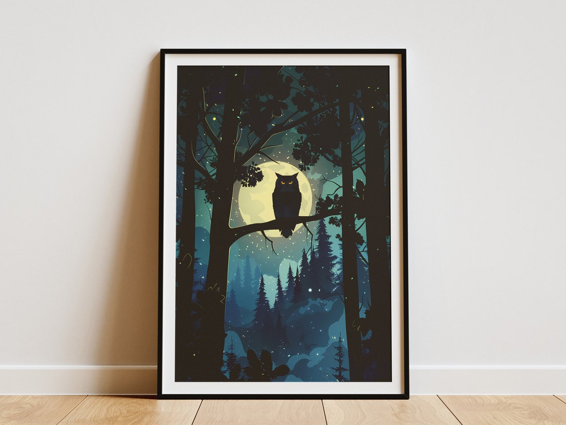Owl Moonlight Forest Night Wildlife Minimalist Branch Poster