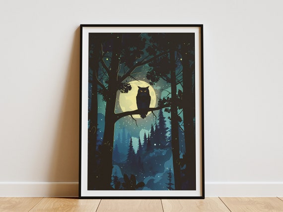 Night Owl Forest Poster Minimalist Art Print Wildlife Nature Wall Decor Forest Moon Poster