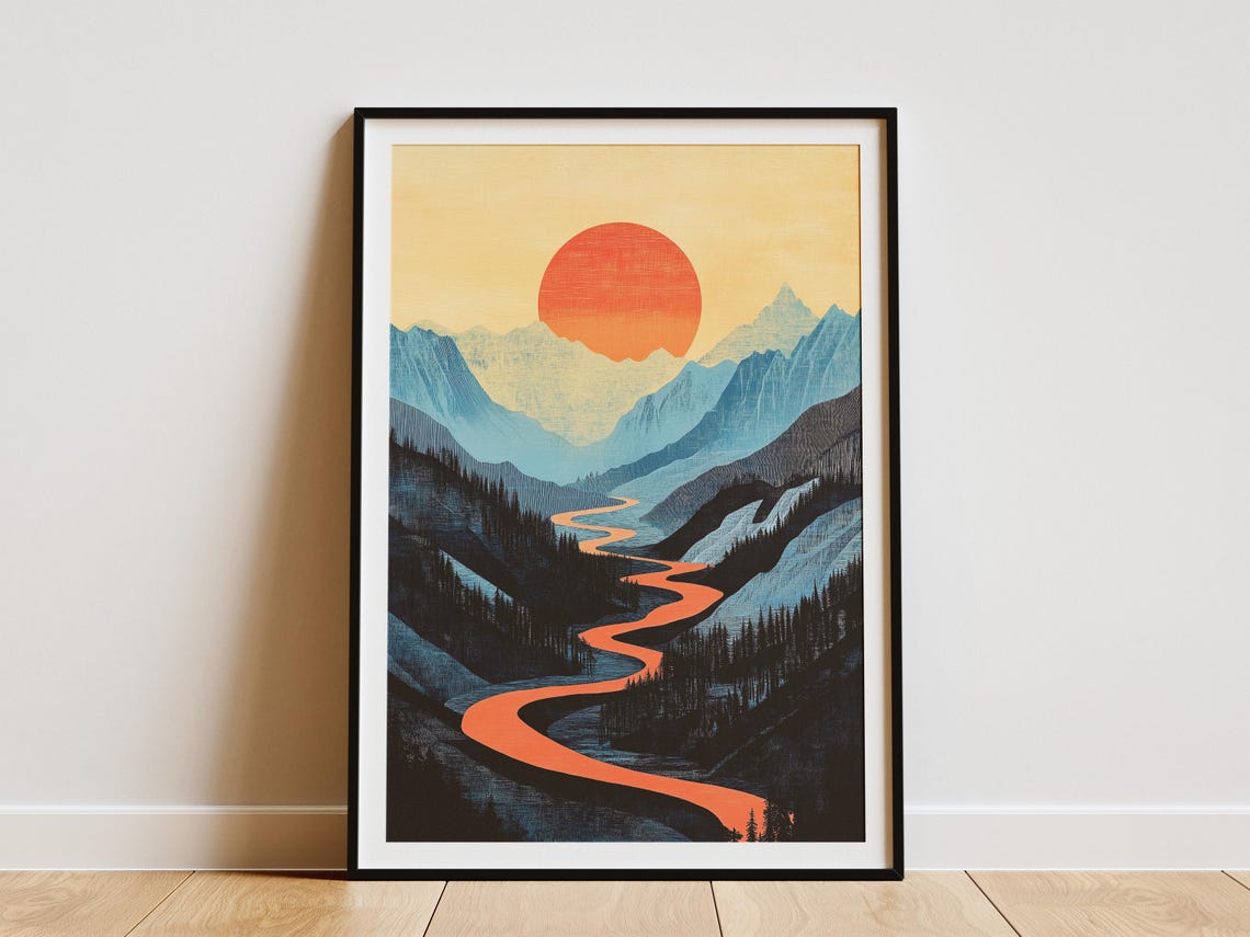 River Valley Sunrise Poster Mountain Landscape Print Nature Wall Art Home Decor Gift Idea Modern Art Print Minimalist Art River Art Print