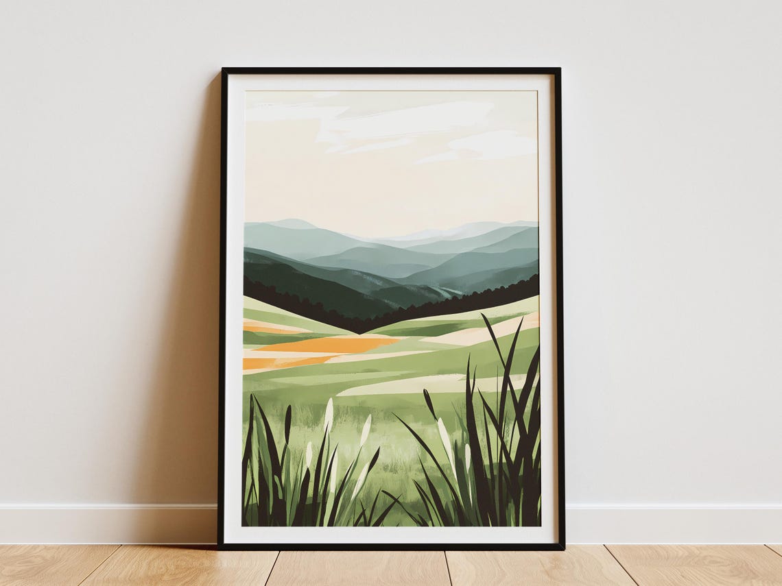 Minimalist Green Hills Meadow Wrapped in Morning Mist Poster