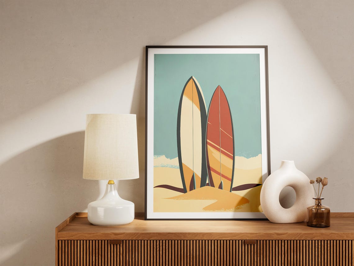 Two Colorful Surfboards Standing on Sand Minimalist Beach Poster - Image 5