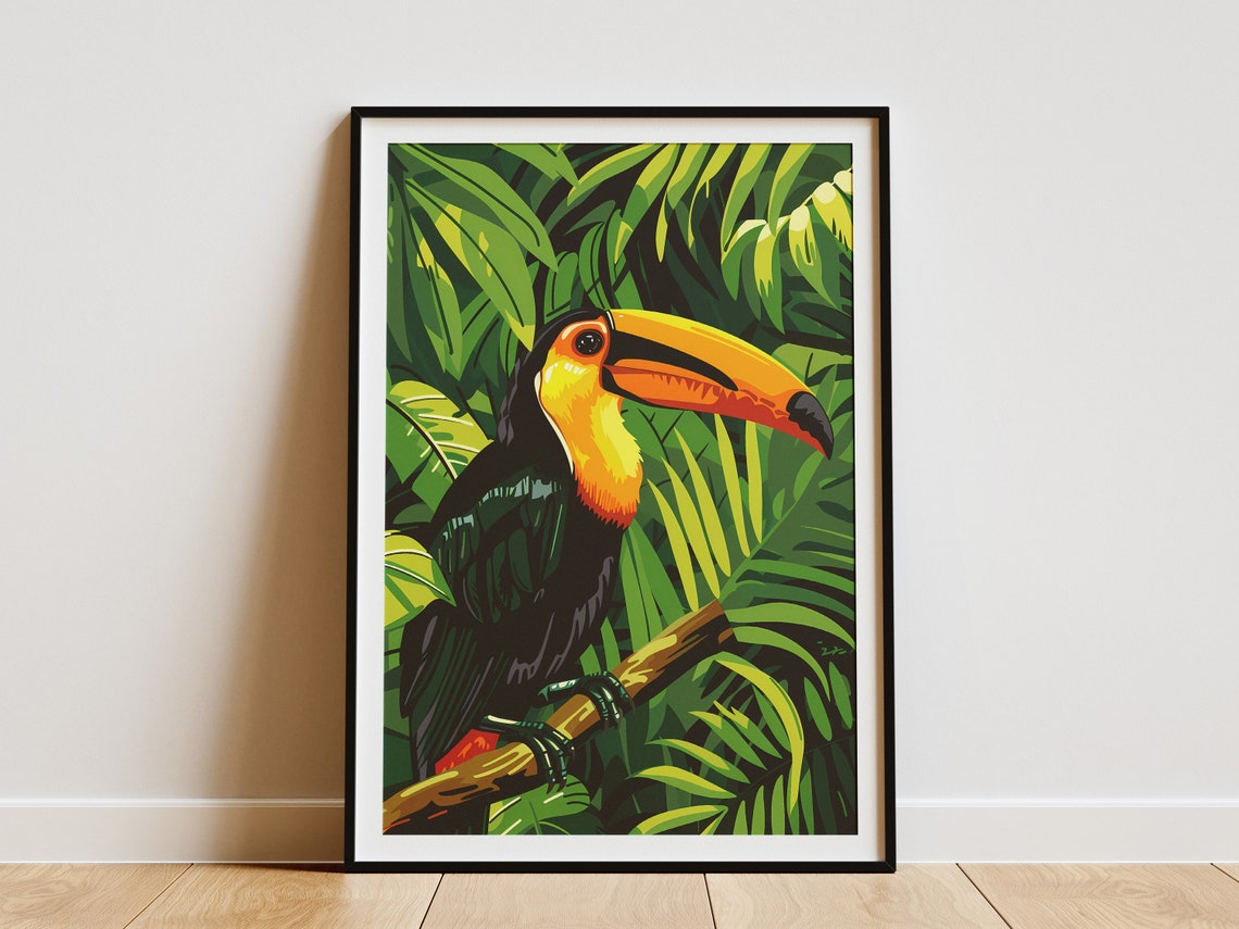 Vibrant Toucan Perched in Lush Tropical Jungle Leaves Poster