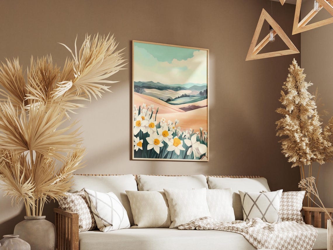 White Daffodils Before Rolling Spring Hills Landscape Poster - Image 3