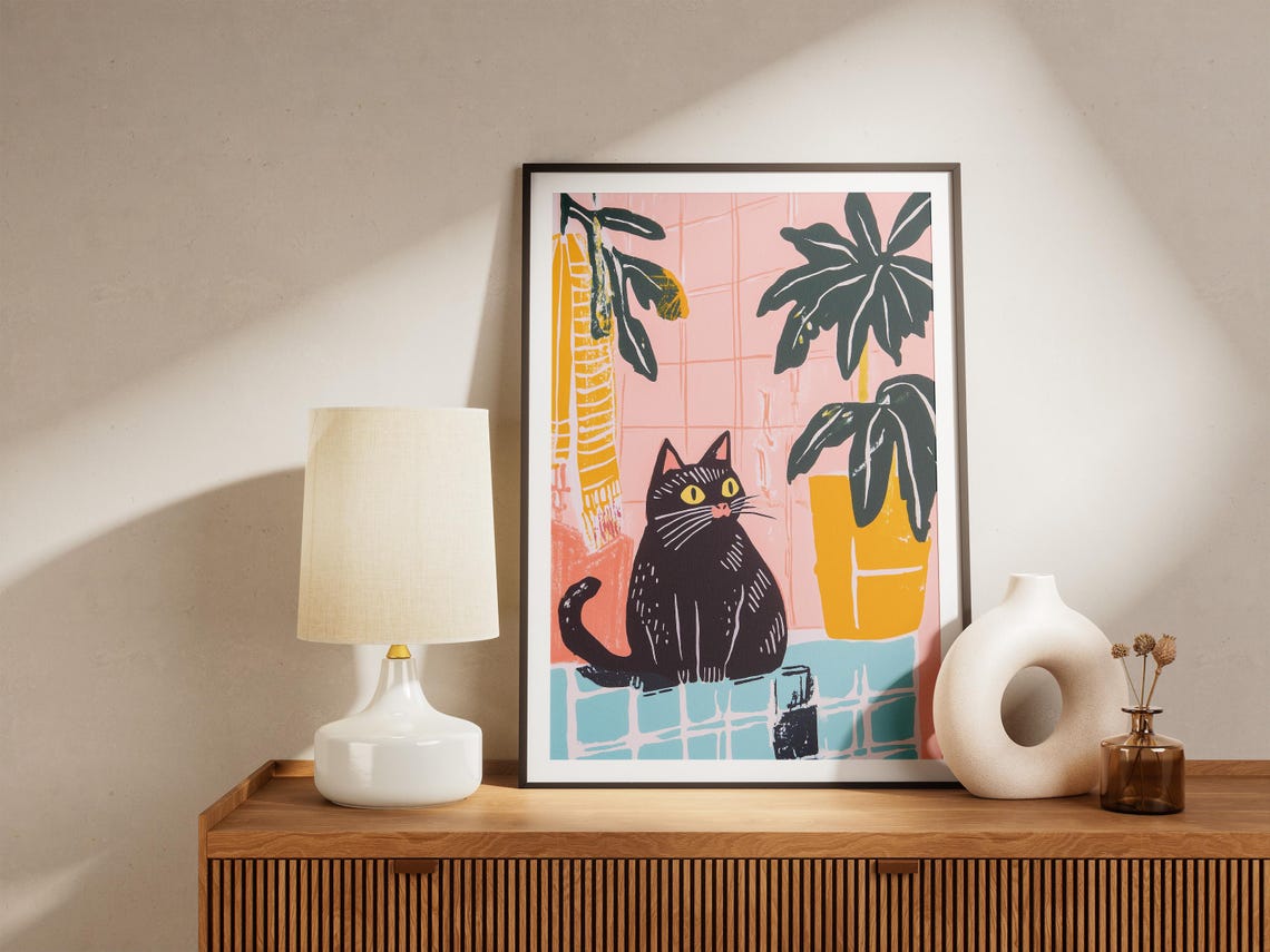 Black Cat Sitting in Colorful Bathroom Monstera Plant Poster - Image 5