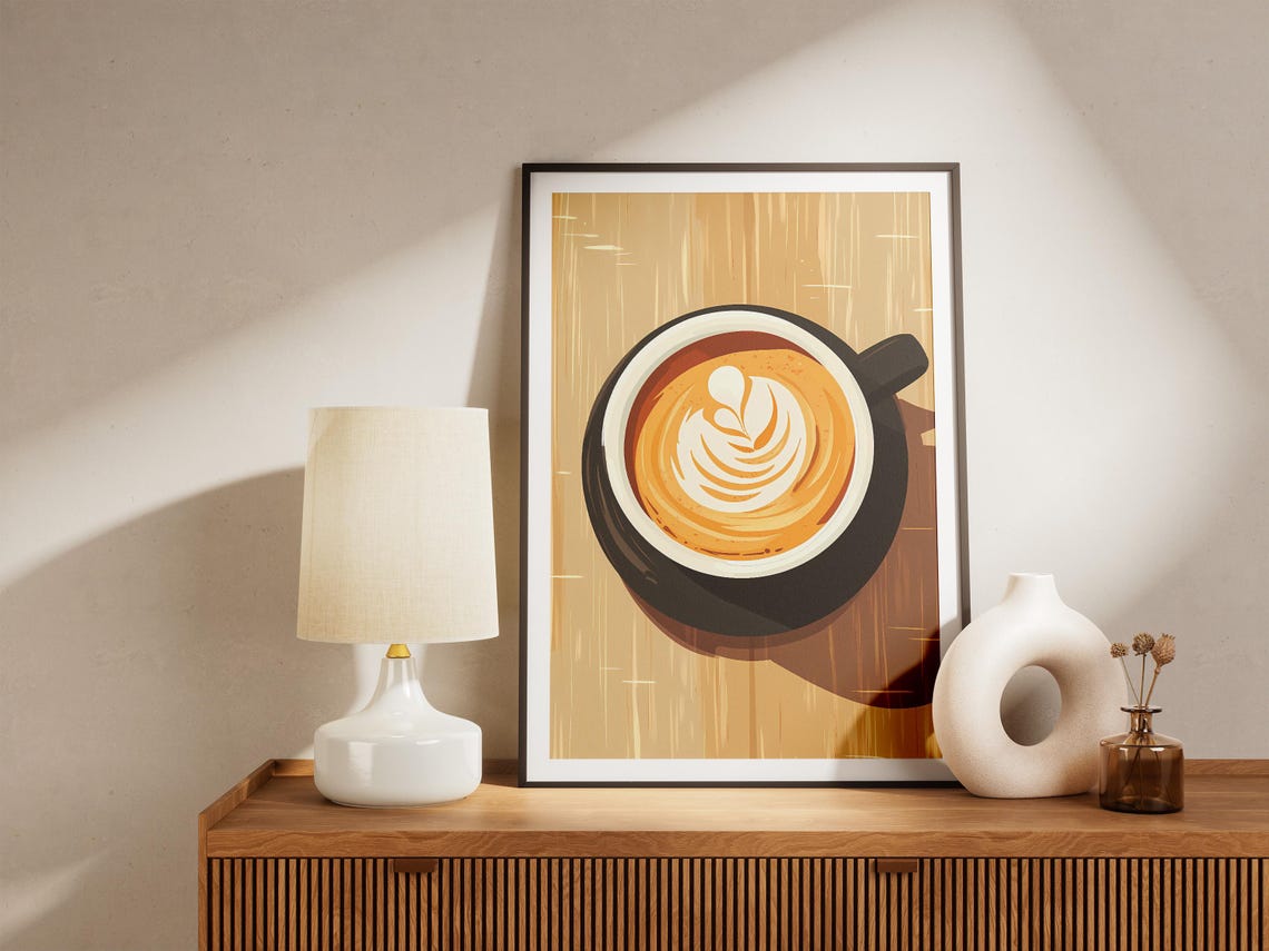 Top-Down Latte Art Leaf Design Black Coffee Cup Minimalist Poster - Image 5