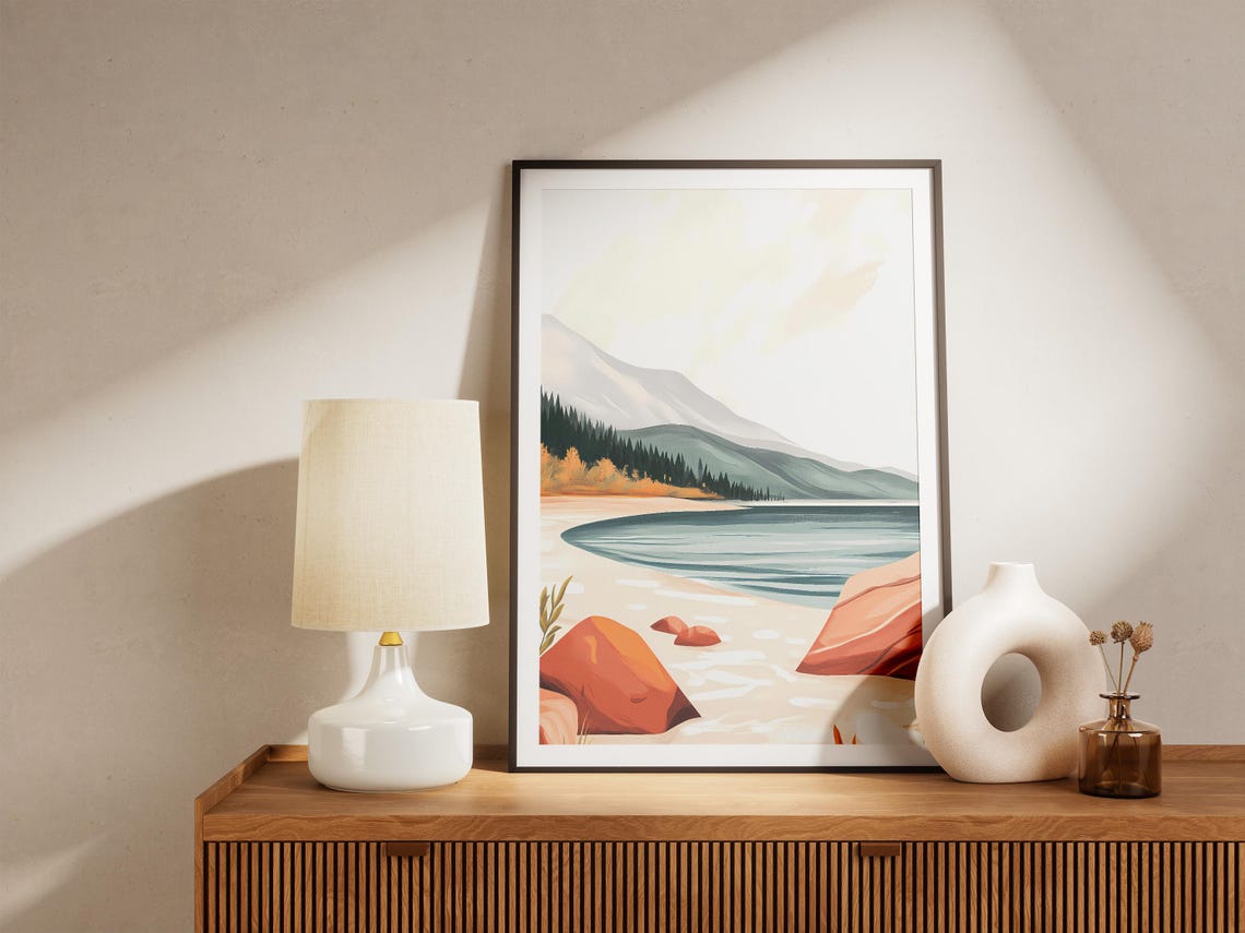 Minimalist Lakeshore with Red Rocks and Pale Mountains Poster - Image 5
