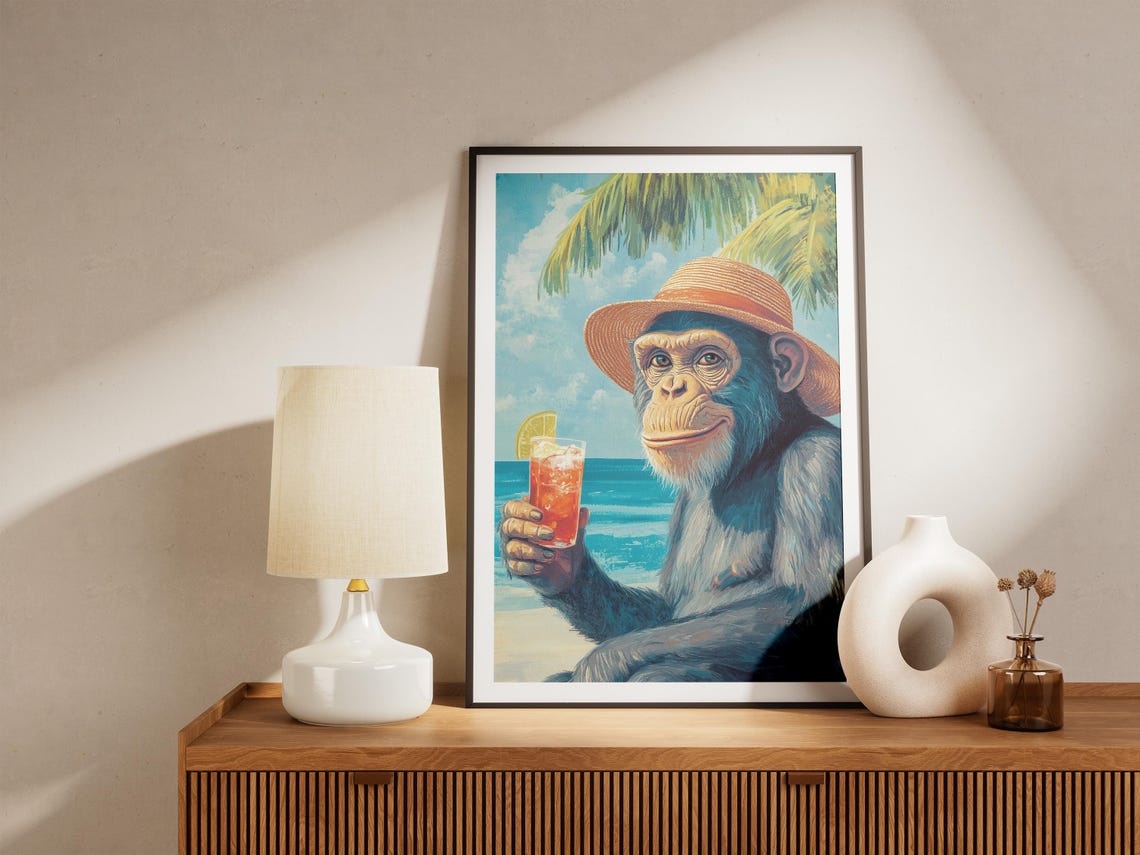 Chimpanzee In Straw Hat Holding Cocktail On Sunny Beach Poster - Image 5